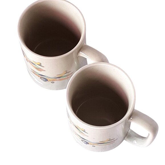 Set Of 2 Otagiri Coffee Mugs Vintage Biplane Design Beige Tones & Cloud Accents - Picture 6 of 8